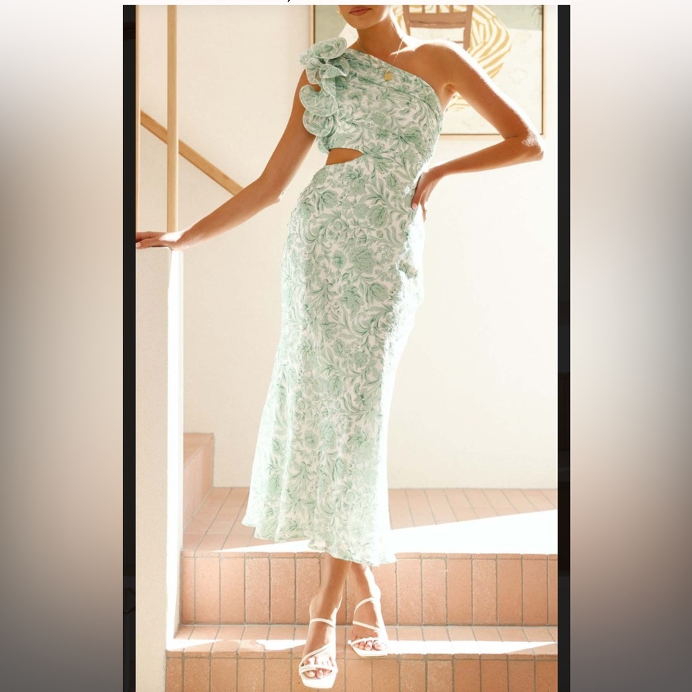 Green Floral One-Shoulder Cutout Maxi Dress Size Small